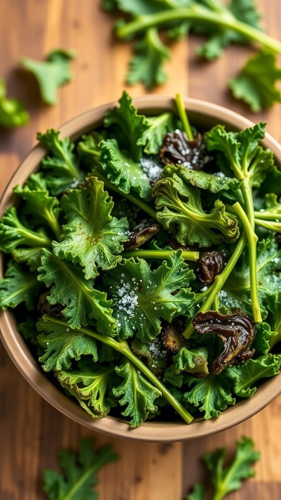 Oven-Roasted Kale Chips Recipe A bowl of crispy kale chips on a wooden table, garnished with salt and fresh kale leaves.